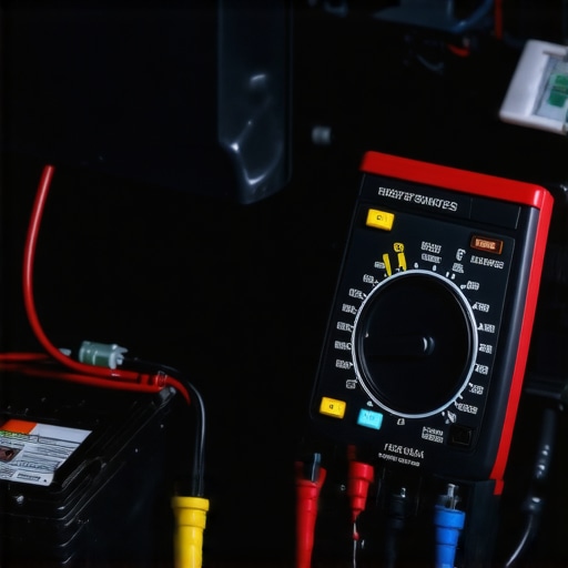 Close-up of a multimeter testing electrical ground and voltage on a vehicle battery