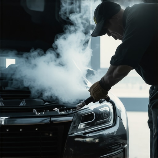 Professional vacuum leak diagnostic test Technician using a smoke machine to detect air leaks in a vehicle intake system.