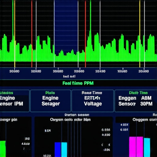 Real-time engine data visualization on diagnostic tool Diagnostic scanner displaying live engine performance data graphs