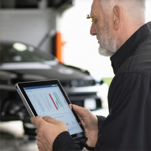 Technician performing a software update on a vehicle transmission control module