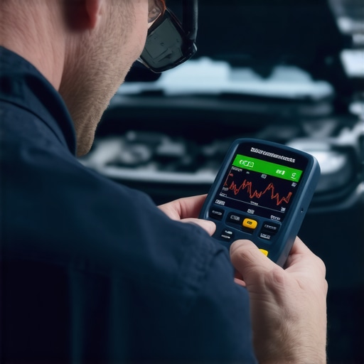 Technical Diagnostic of Engine Sensors Close-up of a mechanic checking engine sensor signals with an oscilloscope to diagnose RPM limits.