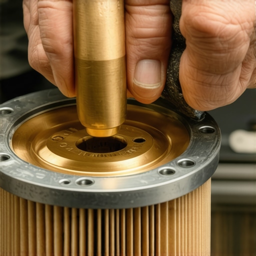 Technical extraction of a seized oil filter base plate Close-up of a mechanic using a punch and hammer to remove a stuck oil filter base plate from an engine block.