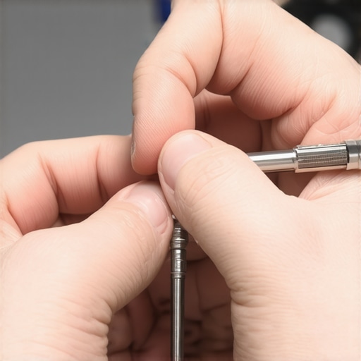 Technician Measuring Spark Plug Gap A detailed close-up of a professional wire gauge measuring the gap of a car spark plug.