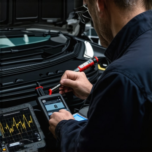 Mechanic using an oscilloscope and low-amp probe to diagnose alternator field current and pulse-width modulation.