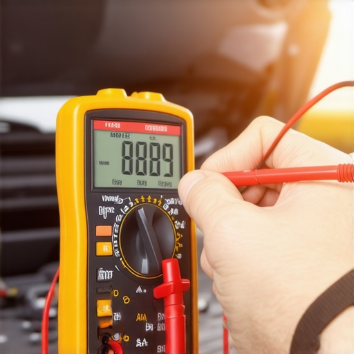 Testing Automotive Battery Voltage Under Load Multimeter probes testing a car battery voltage under load to diagnose dashboard dimming