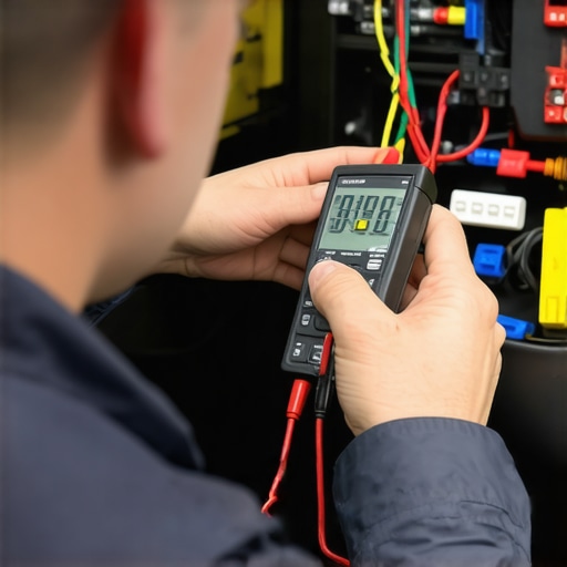 Technician using a multimeter on a vehicle fuse box to detect parasitic battery drain