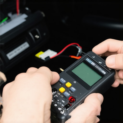Testing Car Radio Electrical Continuity A technician using a multimeter to diagnose a car radio power failure behind the dashboard.