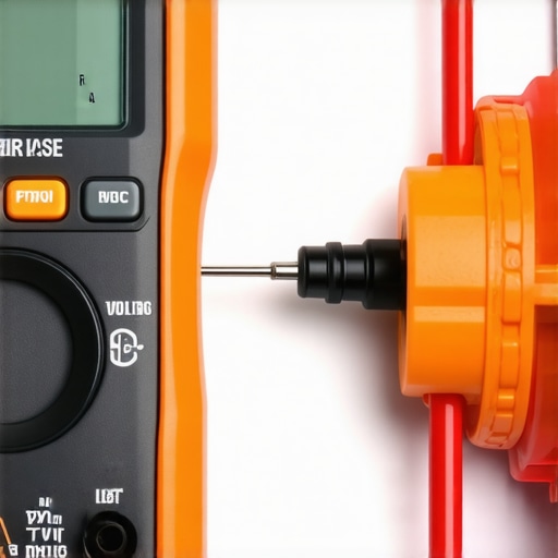 Diagnostic multimeter probe submerged in car coolant showing voltage reading.