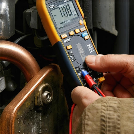 Testing Engine Ground Integrity with a Multimeter A technician checking the electrical resistance of an automotive ground strap on a car engine.