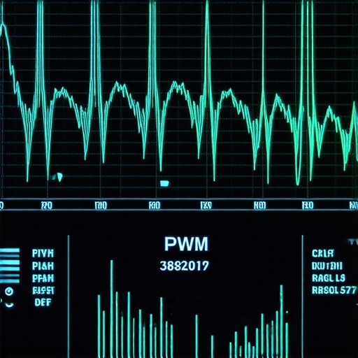A digital oscilloscope showing a square wave signal used to diagnose a car cooling fan module failure.