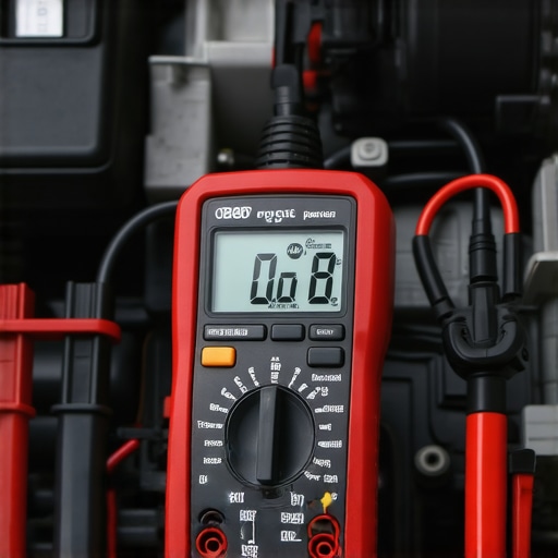 Mechanic using a multimeter to diagnose a clicking starter motor in a hot engine bay.