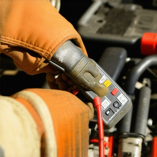 A mechanic performing a voltage drop test on a vehicle's electrical ground wire.