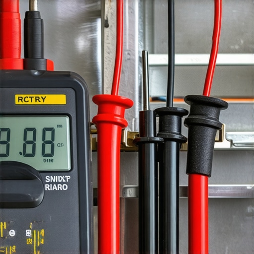 A technician using a multimeter to measure the ground circuit resistance on a vehicle engine.