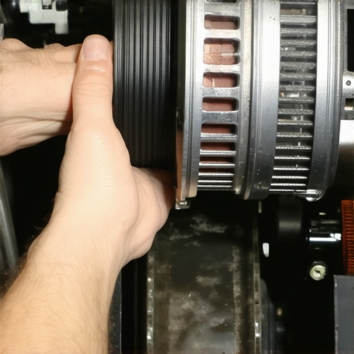 Mechanic inspecting an OAP alternator pulley to diagnose engine chirping sounds during acceleration.