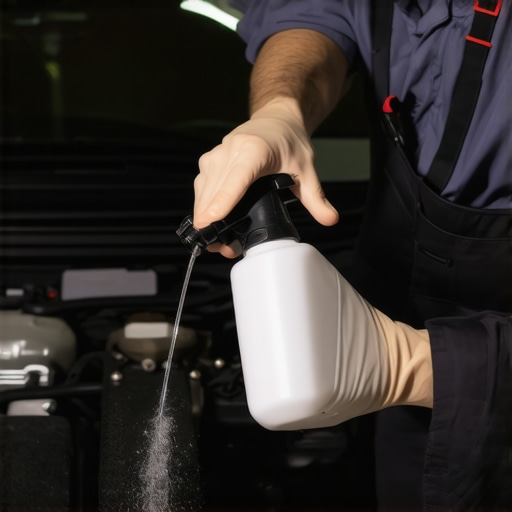 Testing for Vacuum Leaks on an Engine A mechanic performing a diagnostic check on a car engine to find vacuum leaks using a spray bottle.