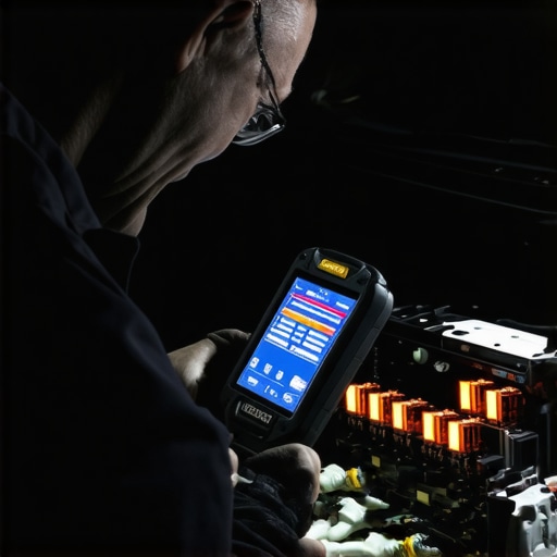 Technician using thermal camera to find electrical shorts in a vehicle fuse box.