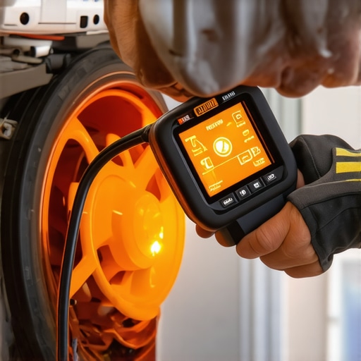 Thermal Imaging Diagnostics for Cooling Fan Motors Mechanic using a thermal camera to detect heat spots and electrical resistance in a vehicle's cooling fan motor wiring.