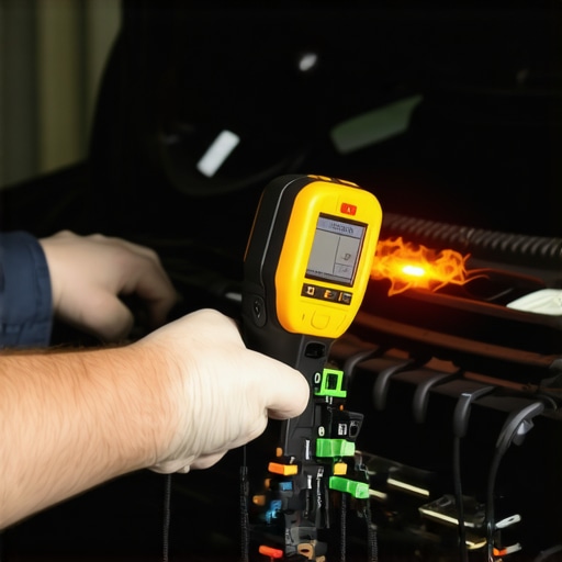 A mechanic using a thermal camera to detect high resistance and heat in a car's fuse box.