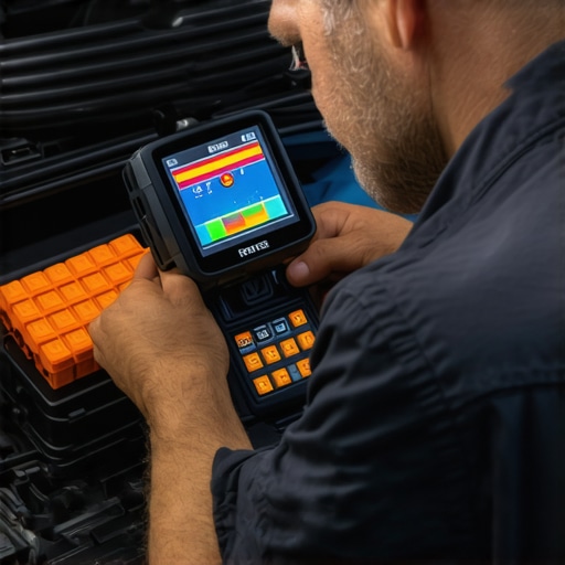 Professional using thermal camera to find parasitic battery drain in car fuse box