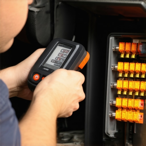 Technician using an infrared camera to identify heat signatures on a car's electrical components to find battery drain.