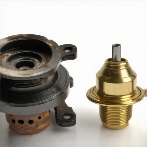 Thermostat Electrolysis Damage Comparison Comparison between a corroded thermostat and a new one showing chemical erosion.