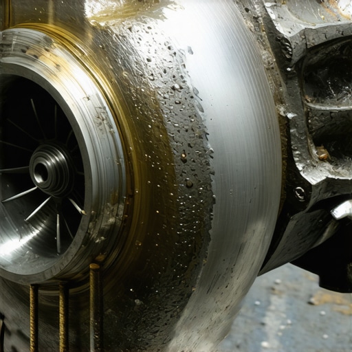 Turbocharger oil seal failure signs Visual inspection of a turbocharger showing oil leakage and residue on the housing.