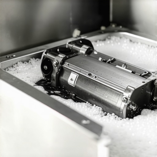An automotive engine part being cleaned in an ultrasonic bath to remove oxidation from internal threads.