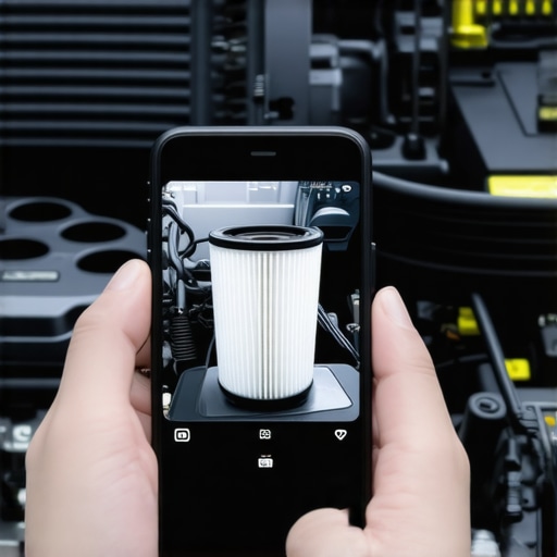 Endoscope camera inspecting a new car oil filter in a hard-to-reach engine bay