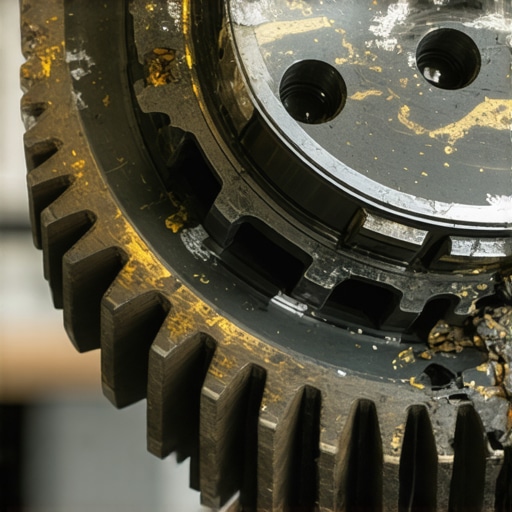 Close-up of damaged metal teeth on a car flywheel caused by starter motor grinding.
