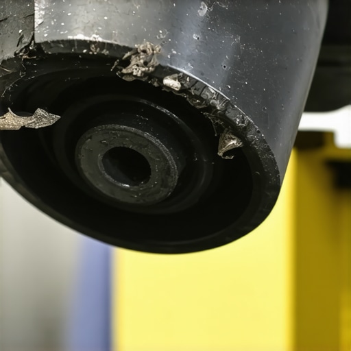 Worn Suspension Bushing Detail Close-up view of a cracked and worn rubber suspension bushing showing mechanical failure