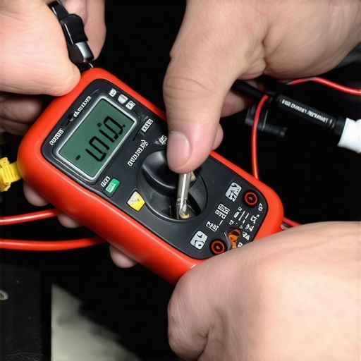 Back-Probing Automotive Sensor Harness Technician using a multimeter to test voltage on an oxygen sensor wiring harness in a modern engine bay.