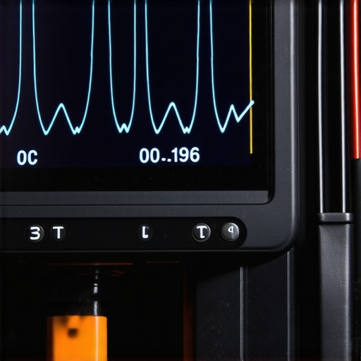 Oscilloscope showing electrical noise on crankshaft sensor signal Digital oscilloscope screen capturing AC ripple interference corrupting a crankshaft position sensor waveform
