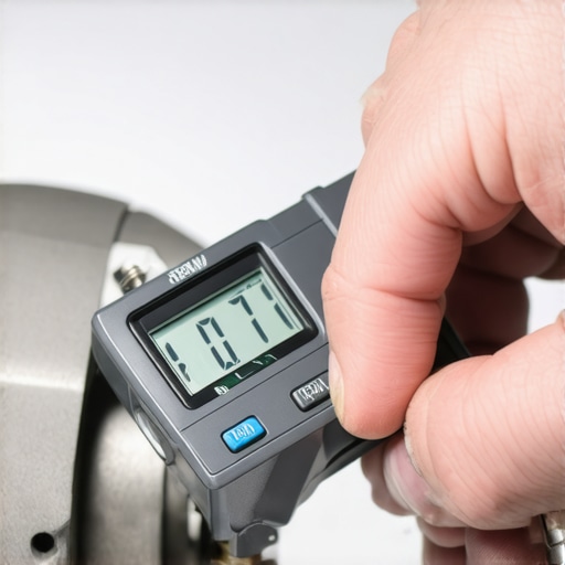 Precision Micrometer Measurement in Automotive Shop Technician using a micrometer to measure mechanical tolerances of a component to verify wear limits