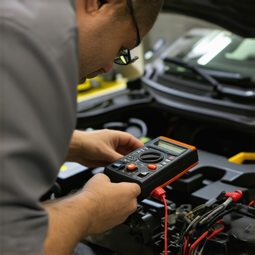 Professional Engine Diagnostic Testing Technician checking engine electrical connections with multimeter